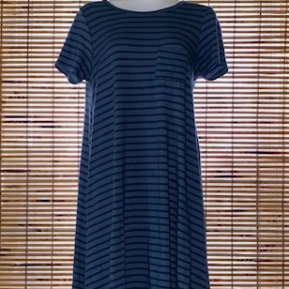 LuLaroe Heathered Blue-Gray & Blue Striped Carly Swing Dress - Picture 7 of 15